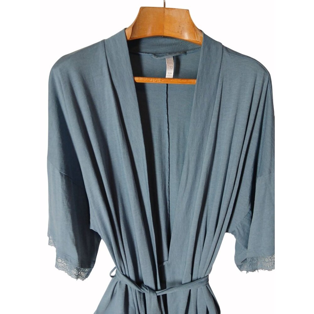 Cacique Sleep Womens Blue Kimono Robe With Lace Trim Adjustable Waist Tie Size 2 - Picture 3 of 16